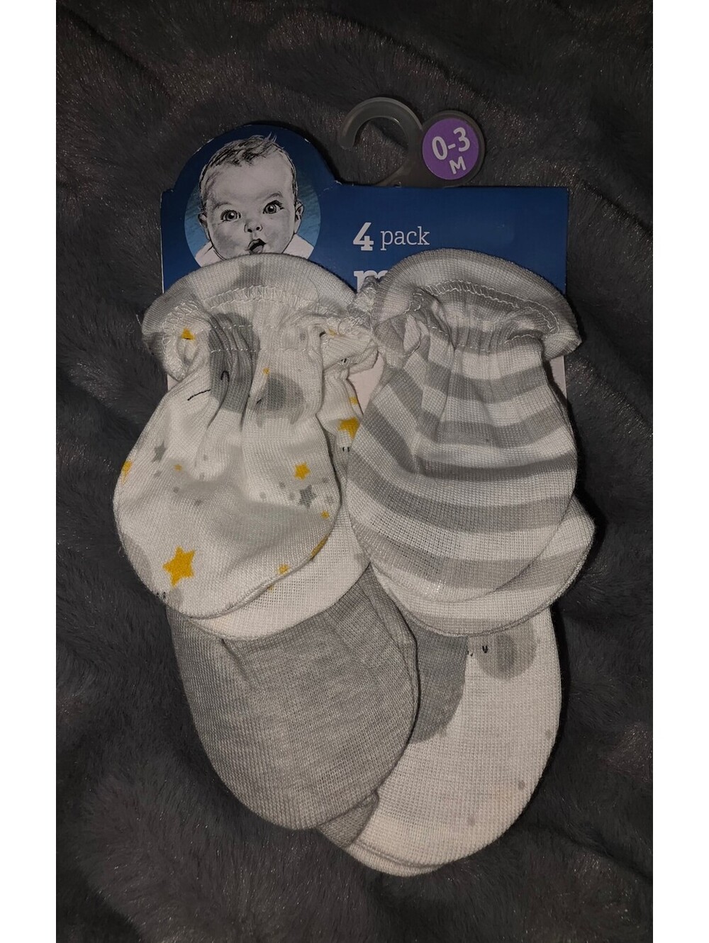 Gerber Baby Mittens 4 Pack White Gray and Stripe 0 to 3 Months